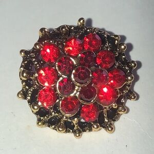 Elegant Red and Aged Gold Tone Floral Brooch